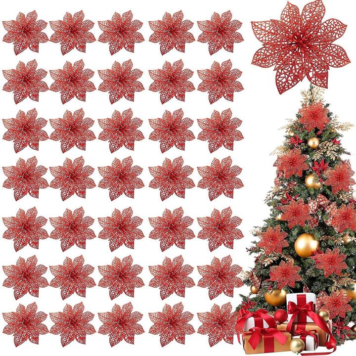 Paquete de 36 adornos navideños de flores, adornos de nochebuena con purpurina para el árbol de Navidad, flores artificiales de seda de 4 pulgadas para coronas y guirnaldas navideñas.