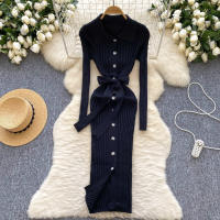 Vestido De Punto Para Mujer REALEFT Otoño Invierno Con Cinturón Cuello Polo De Mano Sola Manga Larga Ajuste Cintura Alta Vestido De Trabajo - details 5