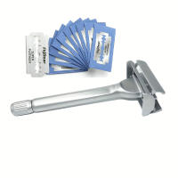 Afeitadora De Seguridad De Acero Inoxidable Con Doble Cabeza Butterfly Para Hombres Y Mujeres Con 10 Hojas De Plata Platinadas Para Afeitar Con Agua - details 6