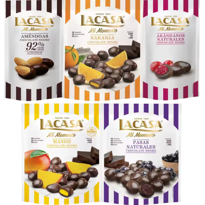 Lacasa Mi Momento pack de 5:Arándano Chocolate Negro ,Almendra 92% ,Pasas Chocolate Negro ,Naranja Chocolate Negro ,Mango Chocolate Negro - 1