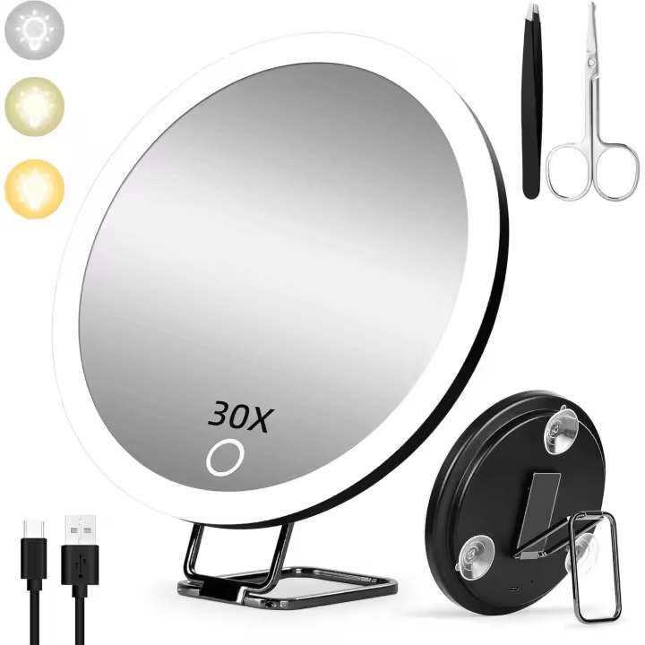 Espejo de aumento 30X con luz: espejo grande de 6 pulgadas, recargable, iluminado, con aumento 30X, ventosas y soporte de mesa, 3 modos de color, espejo de maquillaje de viaje con luz regulable y gran aumento. - 1