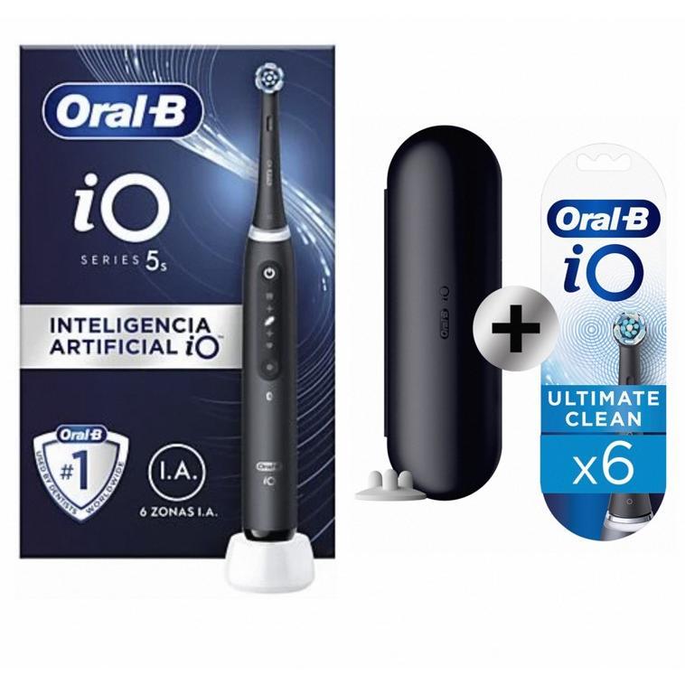 Oral-B iO 5 Pack de Cepillo Eléctrico Negro con 6 Recambios y estuche de viaje, Producto Europeo con Garantía Oficial.