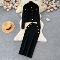 Conjunto De Ropa De Mujer REALEFT Otoño Invierno 3 Piezas Traje De Tejido Knitted Cardigan De Botón Sencillo Y Tops Falda Elegante Para Oficina - details 2