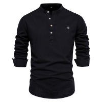Camisa Delgada de Primavera y Verano para hombre, Fashion informal, color sólido, European Talla, Camisa de manga Largo, Top vestido de Algodón y Lino - details 5