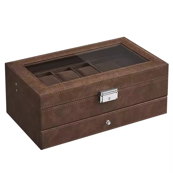 SONGMICS Caja de Reloj, Estuche de Reloj con Tapa de Cristal de 2 Niveles para 12 Relojes, Cerradura, 1 Cajón, para Anillos Pulseras, Regalo Ideal, Cuero Sintético Marrón, Forro Marrón/ Negro y Forro Beige/Negro y Forro Negro/Negro y Forro Gris/Rojo - 1