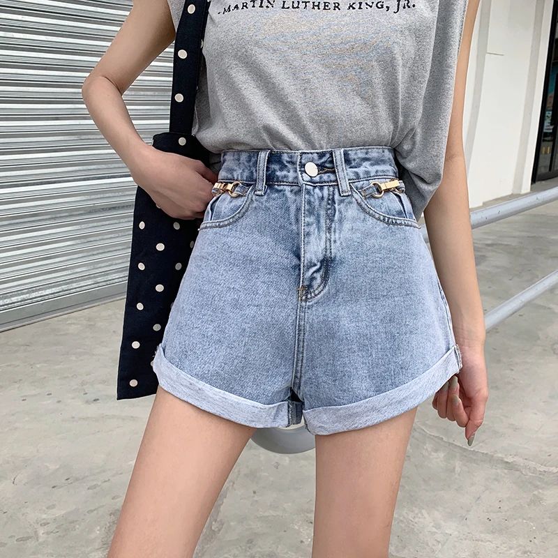 Shorts De Mezclilla Azul Clásicos Para Mujer De DFRCAEG Cintura Alta Pierna Ancha Suelta Con Lentejuelas Estilizada Para El Verano 2024