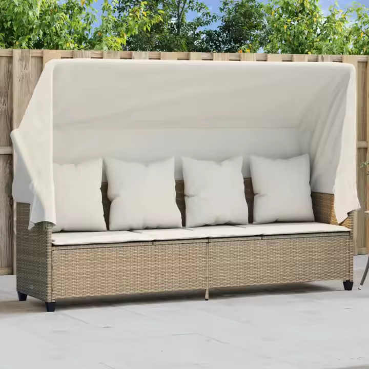Tumbona con capota y cojines ratán sintético beige - 1