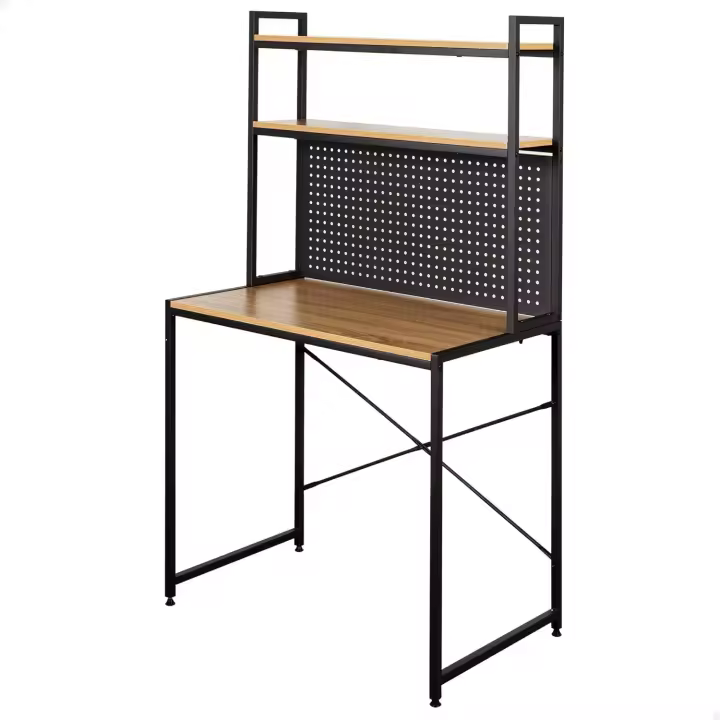 MAX Home Mesa Escritorio con estantería, 84 x 50 x 148 cm, Madera y Acero Negro, Tablero Perforado, Estantes, Oficina y Estudio, Estilo Industrial, Patas nivelables, Estable (18440) - 1