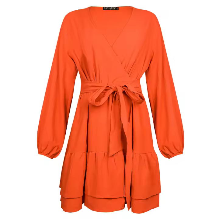 Vestido Mini A-Line De Mujer Con Mangas Larguísimas Y Cuello En V Abierta Largo Con Volantes Y Cinturón Natural Estilo Casual - 1