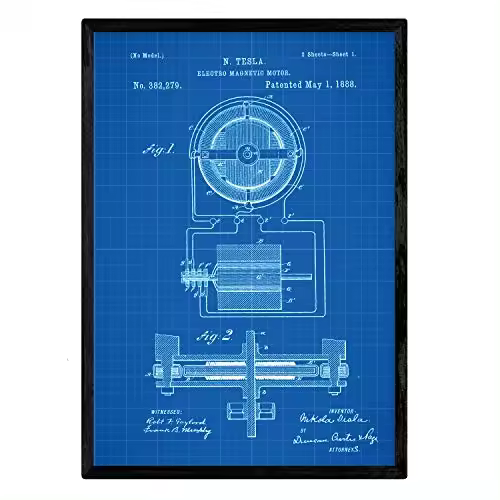Nacnic Poster Con Patente De Motor Magnetico. Lámina Con Diseño De Patente Antigua En Y Con Fondo Azul - 1