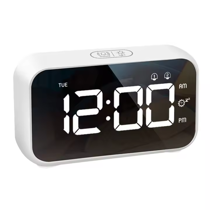 Reloj despertador digital de mesita de noche con pantalla LED grande, 4 niveles de brillo, 8 volúmenes, 40 tonos de alarma, función de repetición, alarmas duales (blanco) - 1