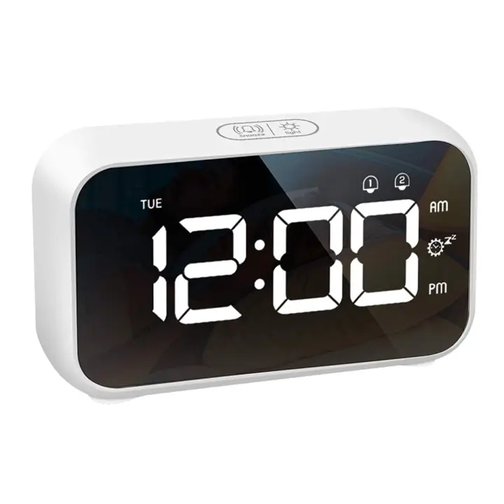 PORCHEDDU Reloj despertador digital de Mesita de noche with Pantalla LED large, 4 niveles de Brillo, 8 volúmenes, 40 tonos de Alarma, función de Repetición, alarmas duales (Blanco) - 1