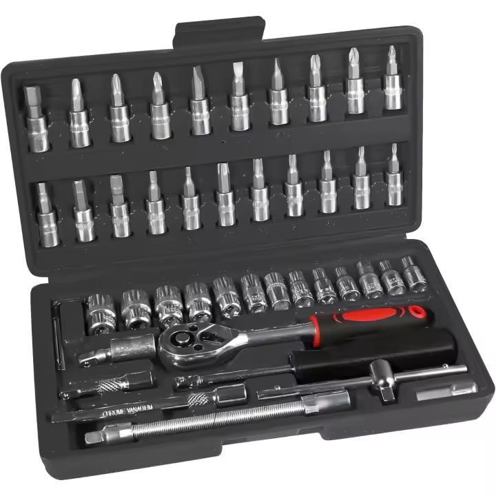 46 Pieces Socket Wrench Set,Drive Ratchet Wrench Bits & Driver,with Flexible Extension Rods,Quick Release Reversible Ratchet,Spanner Sets with Storage Case for Auto Repairing and Household - 1
