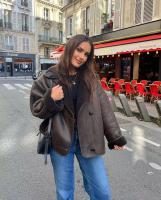 TRAFZA Chaqueta De Moda Invierno Para Mujer Marrón Oscuro Con Bolsillos Y Cuello En V Estilo Retro Elegante Con Botones - details 9