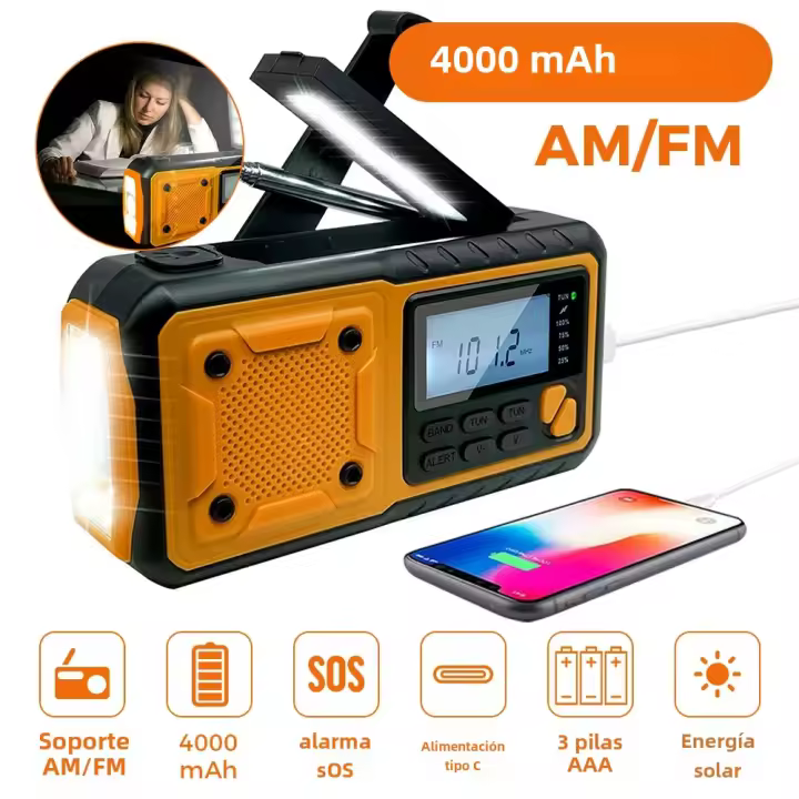 Radio De Emergencia Portátil Con Solar Y Manivela 4000mAh AM/FM Con LED Y Cargador De Teléfono Móvil Y Banco De Almacenamiento - 1