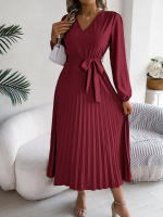 Vestido Elegante De Mujer Con Botones Y Cuello En V Manga Larga Plegado Con Cierre De Lazo Estilo Casual A-Line Para Primavera/Otoño - details 13