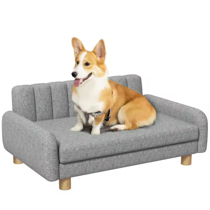 PawHut Sofá para Perros Sofá para Mascotas Sofá para Perros Cama para Perros con Cojín Suave Silla Elevada para Perros Medianos Imitación de Lino Gris 94 x 61 x 40 cm - 1