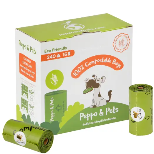 Peppo and Pets- 240 Bolsas caca perro Compostables - Fabricadas con almidón de maíz- Certificación ASTM D6400- Olor a Lavanda- Muy Resistentes- A Prueba de Fugas - 1