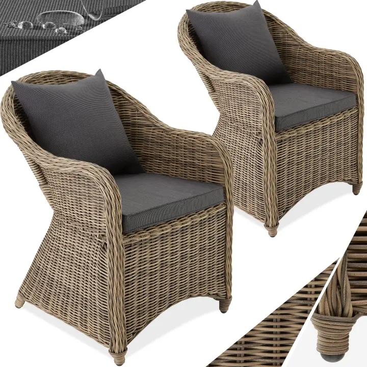 Tectake - Sillas de jardín lujosa de ratán y aluminio + 2 cojines, Estructura de aluminio y muy estable, Poliratán de aspecto totalmente natural, Funda de cojín extraíble y lavable (a mano) - 1