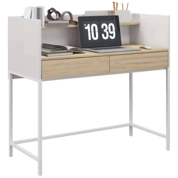 HOMCOM Escritorio Moderno Mesa de Escritorio con 2 Cajones y Estante Mesa de Estudio para Oficina Dormitorio 106x51,5x102,5 cm Blanco y Roble - 1