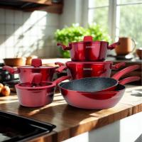 Bateria de Cocina Royalty Line Rojo Metalizado – 10 Piezas ,(3 cacerolas+ tapa, 1 cazo+tapa, 2 sartenes profundas) con Revestimiento Antiadherente Tipo Piedra - details 1