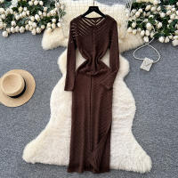 Vestido Largo Vintage De Cintura Alta REALEFT Para Mujer Con Cuello Redondo Manga Larga Y Abertura Lateral Vestido De Encaje Tricotado - details 2