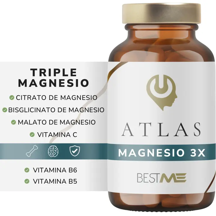 Triple Magnesio 3X Citrato, Bisglicinato y Malato 988 mg | Reduce el Cansancio y la Fatiga, Alivia el Dolor Muscular y Articular, Regula el Sistema Nervioso, 60 Cápsulas con Vitaminas C/B6/B5 (BestMe Lab | Atlas) - 1
