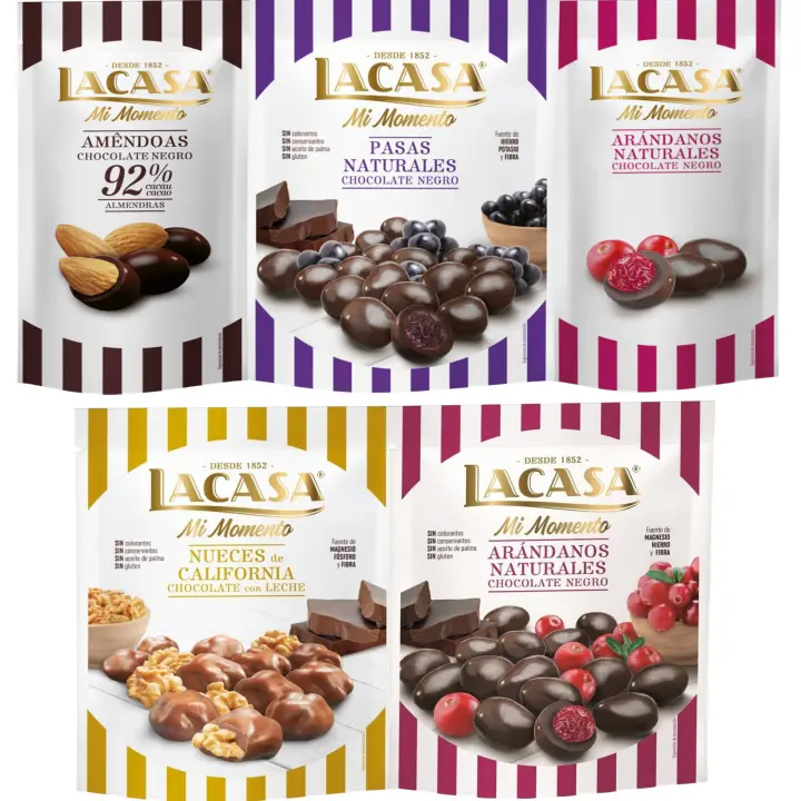 Lacasa Mi Momento pack de 5:Arándano choco Negro 60G,Almendra 92% 65G,Arándano choco Negro 125G,Nueces Leche 115G,Pasas choco Negro 150G - 1