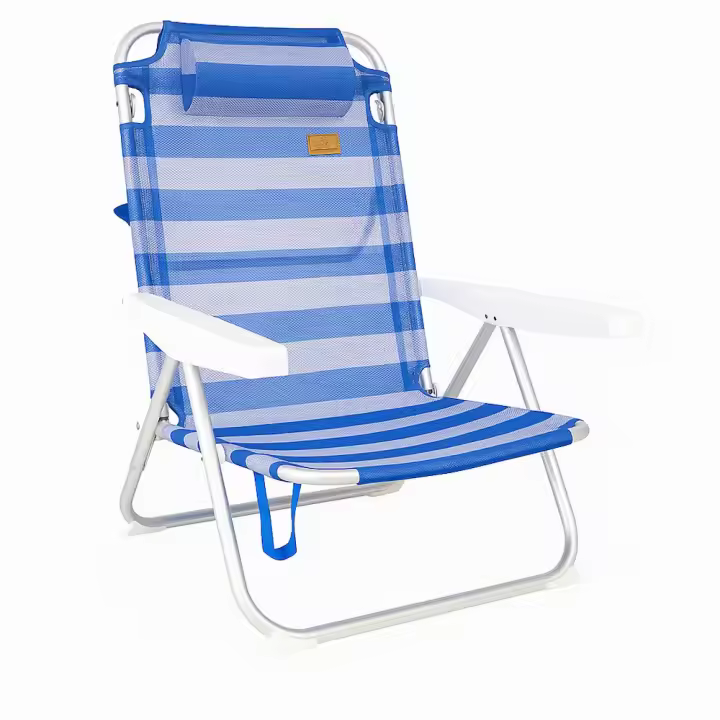 DEVESSPORT Silla de Playa Plegable con Asas y Protecciones | Silla de Playa Reclinable Resistente con Protecciones para Playa y Camping Azul y Blanca - 1