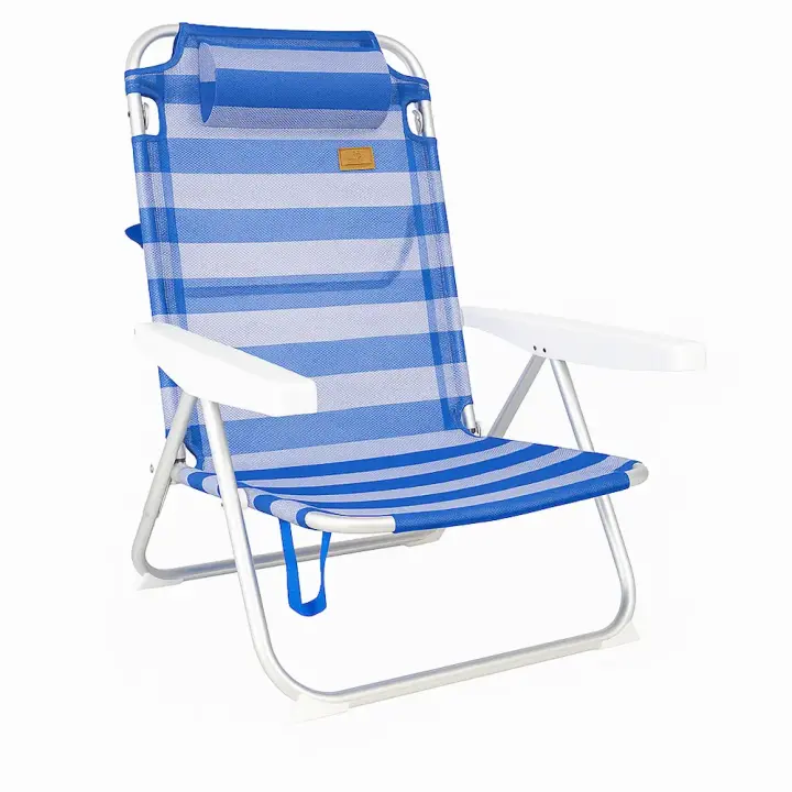 DEVESSPORT Silla de Playa Plegable con Asas y Protecciones | Silla de Playa Reclinable Resistente con Protecciones para Playa y Camping Azul y Blanca - 1