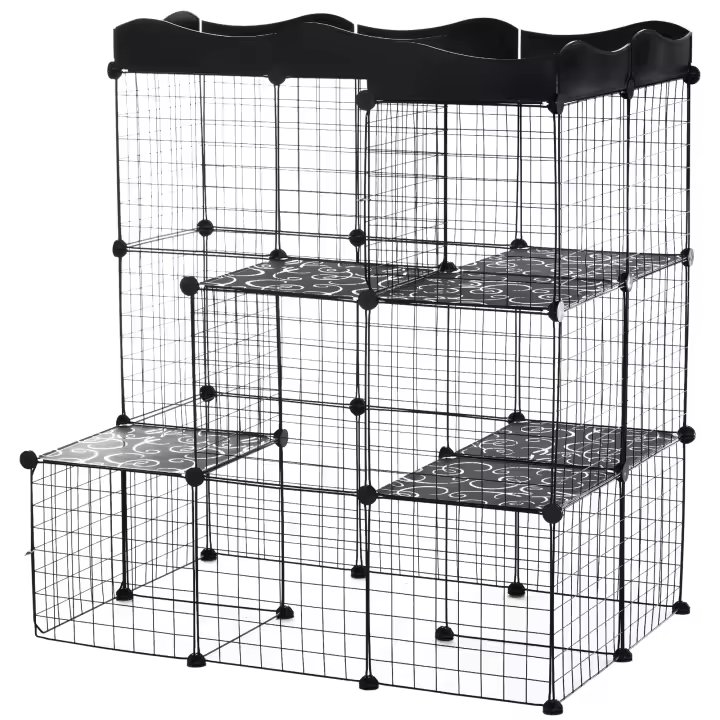 PawHut Jaula para Animales Pequeños de 40 Paneles Parque para Mascotas Forma Personalizable Valla Metálica para Cobayas Conejos Gatito 105x70x116 cm Negro - 1