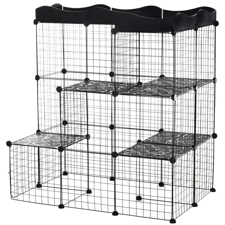 PawHut Jaula para Animales Pequeños de 40 Paneles Parque para Mascotas Forma Personalizable Valla Metálica para Cobayas Conejos Gatito 105x70x116 cm Negro - 1
