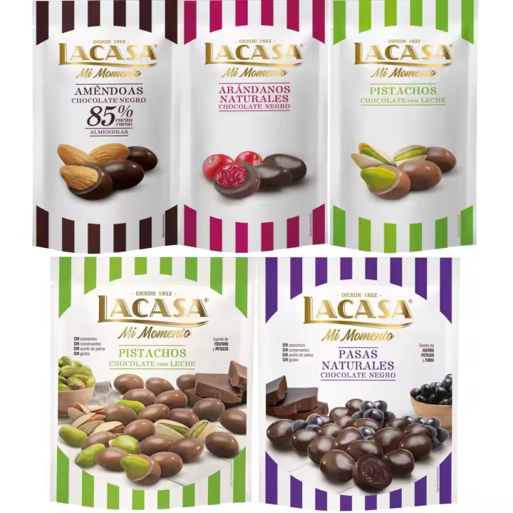 Lacasa Mi Momento pack de 5:Arándano  Negro 60 G,Pistacho  Leche 50 G,Almendra 85% 65 G,Pasas  Negro 150 G,Pistacho  Leche 100 G - 1