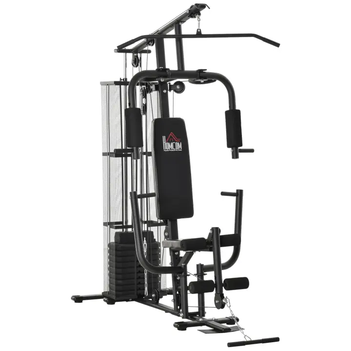 HOMCOM Multiestación Máquina de Musculación con Estribo para Piernas Placas de Peso de 45 kg Carga Max. 120 kg para Entrenamiento Fitness en Hogar Gimnasio 150x110x210 cm Negro - 1