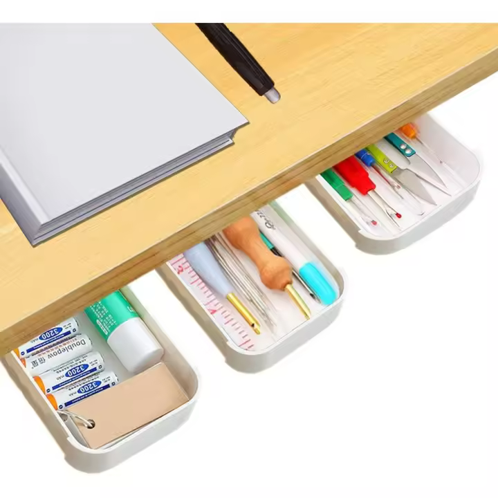 3 piezas debajo del cajón organizador de escritorio, cajón autoadhesivo y estuche de transporte caja de lápices bandeja de escritorio oculta organizador de almacenamiento de escritorio lápices para oficina; hogar (blanco) - 1