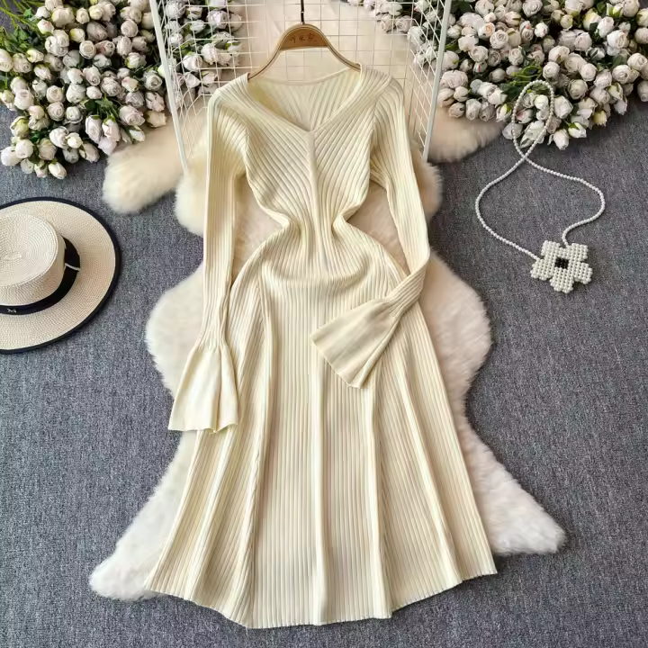 Vestido Largo Elegante Para Mujer Con Manga Flared Y Cuello V En Tejido Suave De Algodón Vestido Bodycon Con Volantes Para Fiesta Y Oficina - 1