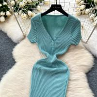 Vestido Bodycon Elegante Para Mujer Vestido Maxi De Verano Con Cuello En V Y Manga Corta Vestido Knit Elasticidad Alta Silueta Ajustada - details 10