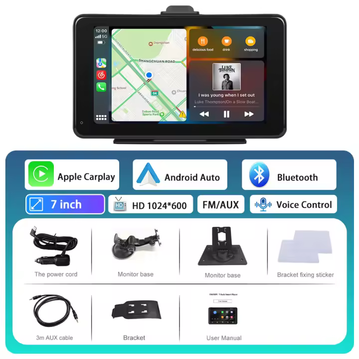 Podofo-reproductor Multimedia de vídeo y Radio para coche, dispositivo inalámbrico de 7 pulgadas, Carplay, Android, Control de voz automático, pantalla táctil para Nissan y Toyota - 1