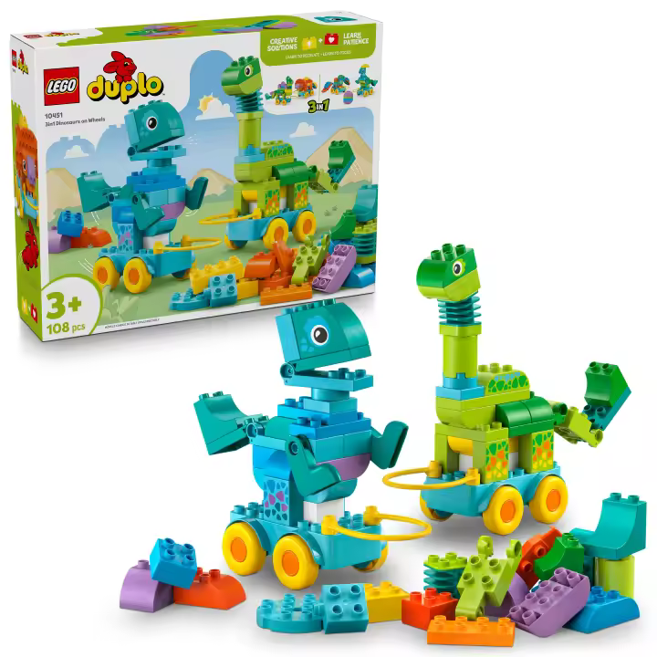 [PREVENTA] LEGO® DUPLO® Mi Ciudad Dinosaurios sobre Ruedas 3en1 Juguete para Aprender Jugando, Juego Creativo con 6 Figuras Construibles, Regalo para Preescolares de 3 Años o Más 10451 - 1