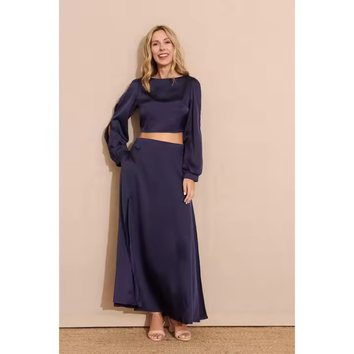 SOLO VENTA TOP - CONJUNTO SATINADO AZUL OSCURO SALMA - Top Satinado, Satén, Azul Oscuro Primavera Verano para Mujer, Fiesta, Evento, Bodas - 1