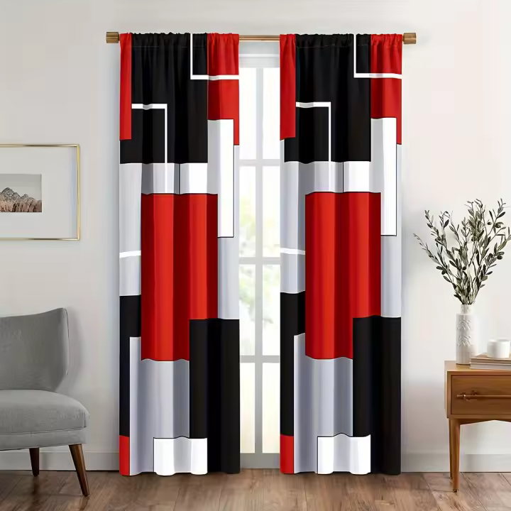 2pcs Cortinas De Pato Escocés En Rojo Blanco Gris Negro Con Bolsillos Para Percha Tratamiento De Ventana Para Decoración De Sala De Estar Y Dormitorio - 1