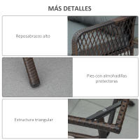 Outsunny Set de Muebles de Ratán 3 Piezas de Jardín 2 Sillones 65x66x75 cm y Mesa de Vidrio Templado 50x50x50 cm con Cojines Acolchados para Terraza Patio Marrón y Gris - details 6