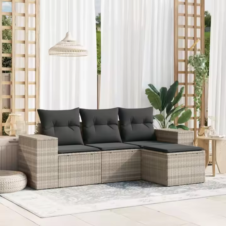 vidaXL Set de sofás de jardín 4 pzas y cojines ratán sintético gris - 1
