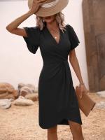 Vestido De Falda Irregular Para Mujer Con Cintura Definida Y Cuello En V Estilo Europeo Y Americano Vestido De Oficina De Rodilla - details 3