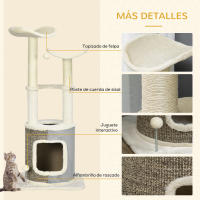 PawHut Árbol Rascador para Gatos Torre para Gatos Altura 110 cm con Caseta de Felpa Plataformas Postes de Sisal y Pelotas de Juguete 48x48x110 cm Crema y Gris - details 5