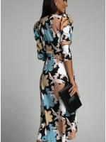 Vestido De Mujer Moda Cuello En V Manga Larga Estampado Cintura Ajustable Falda Asimétrica Abertura Frontal Largo Hasta El Tobillo Para Banquete Y Reuniones - details 3