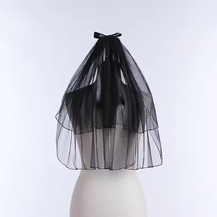 Velo De Novia Corto En Lace Con Borde Negro Y Decoración De Lazo Dos Capas Velos De Novia 2026 Para Mujeres - 1