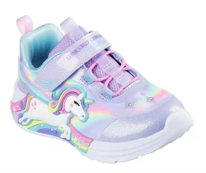 Zapatillas niña Skechers Unicorn chaser con unicornio y luces sneakers Skechers en color lavanda y multicolor con sistema easy on easy off con cierre de tira adherente y elasticos preciosas - 1