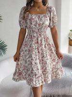 Vestido Elegante De Primavera Y Verano Para Mujer Con Estampado Floral Cuello Cuadrado Manga Corta Volante Al Borde Vestido A-Line De Rodilla Casual - details 23