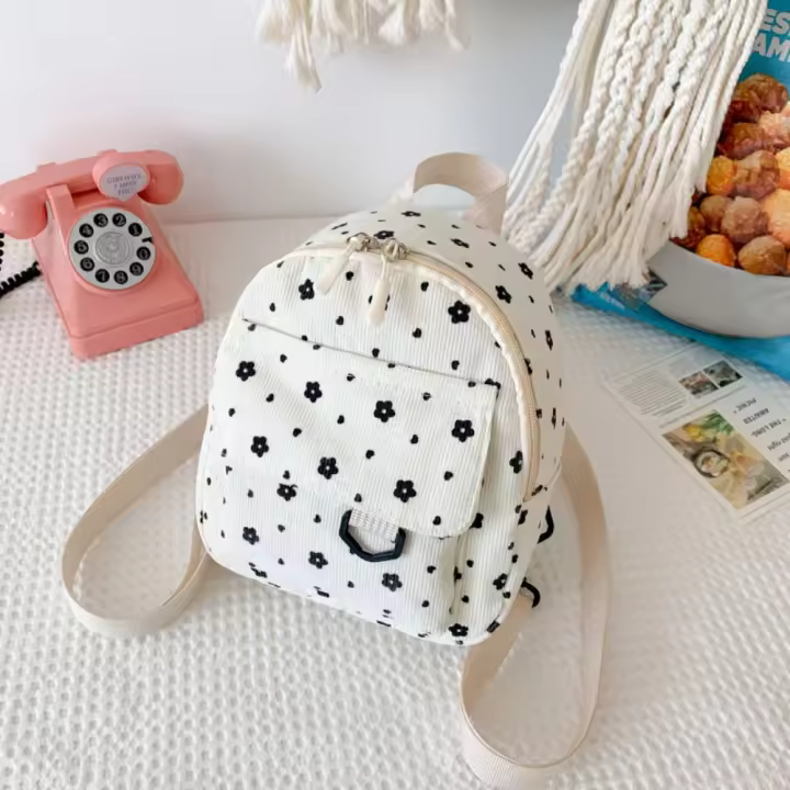Mochila Pequeña De Corduroy Con Estampado De Flores Ligera Y Multicañón Para Mujer Estilo Fashion Color Beige Amarillo Rosa Marrón - 1